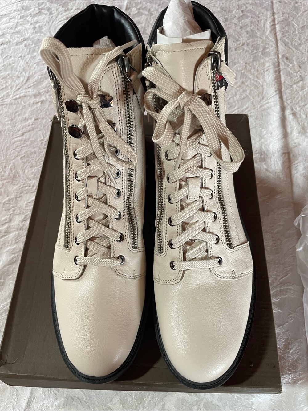 PAOLO UNSEX TIBBY Soft Calf Leather Lace-Up Cream Ankle Boots with Dual Zippers.
